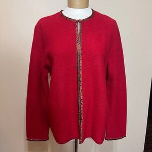 Josephine Chaus Red Wool Cardigan Sweater Women's‎ L Textured Trim Hook Eye